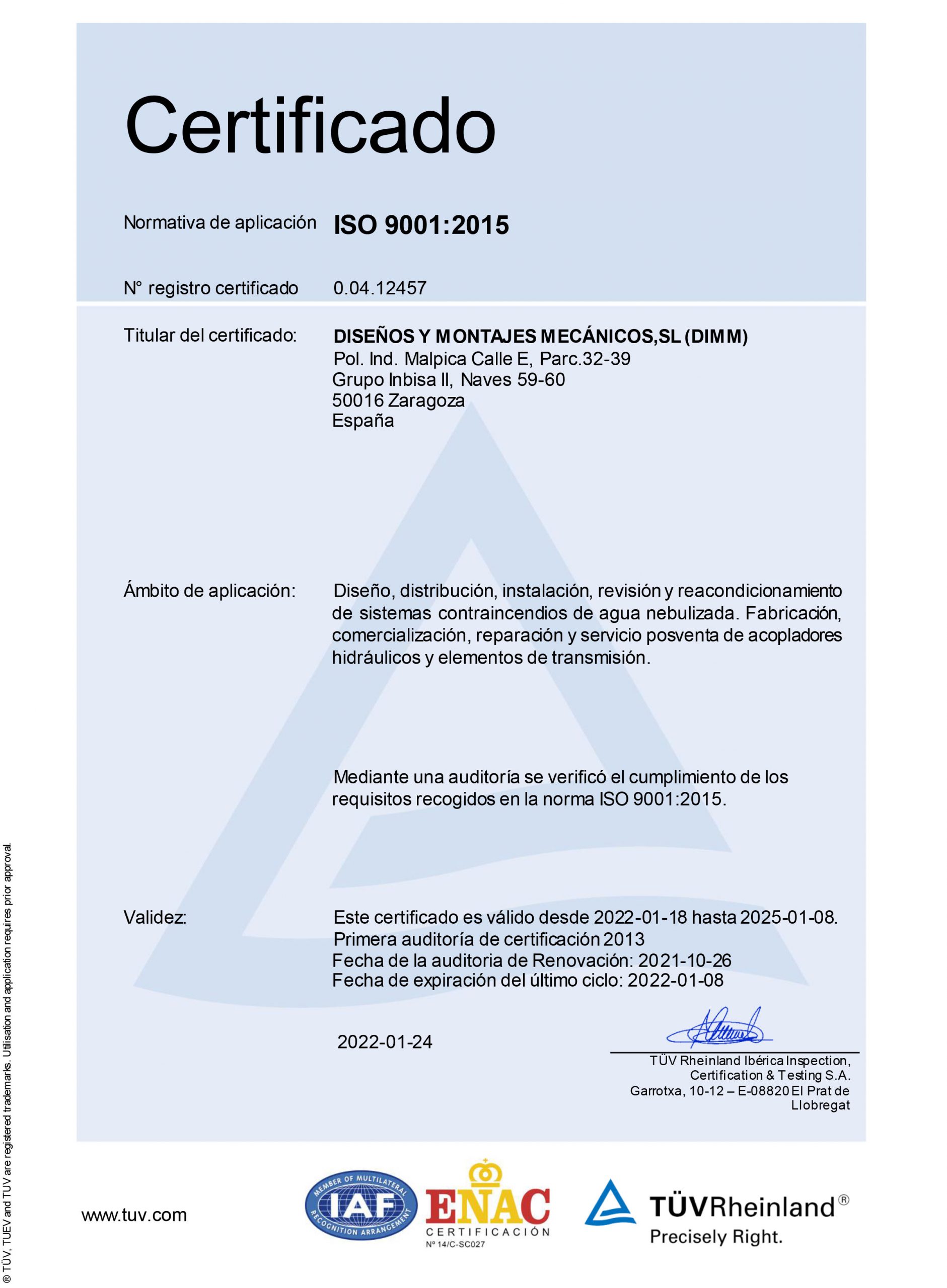 Certificado ISO 9001-2015 DIMM